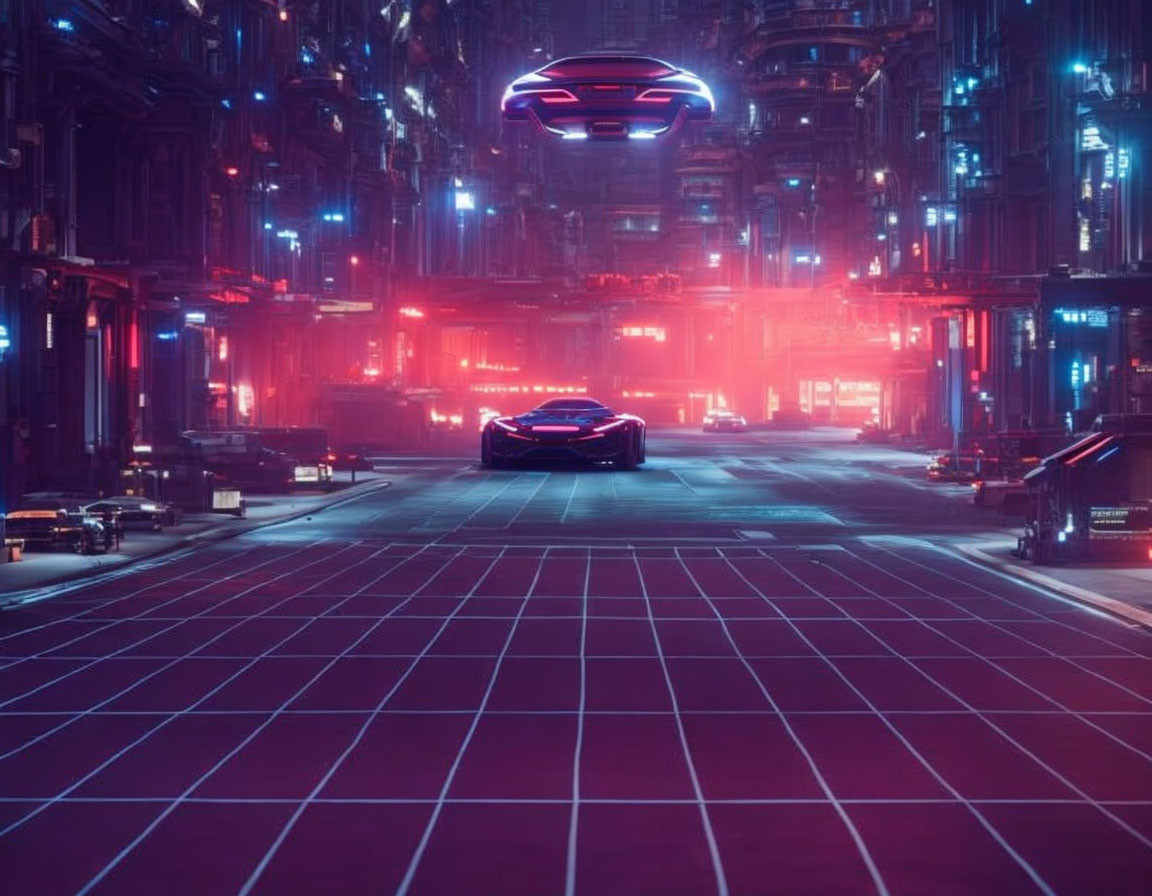 Futuristic night cityscape with neon lights and flying cars