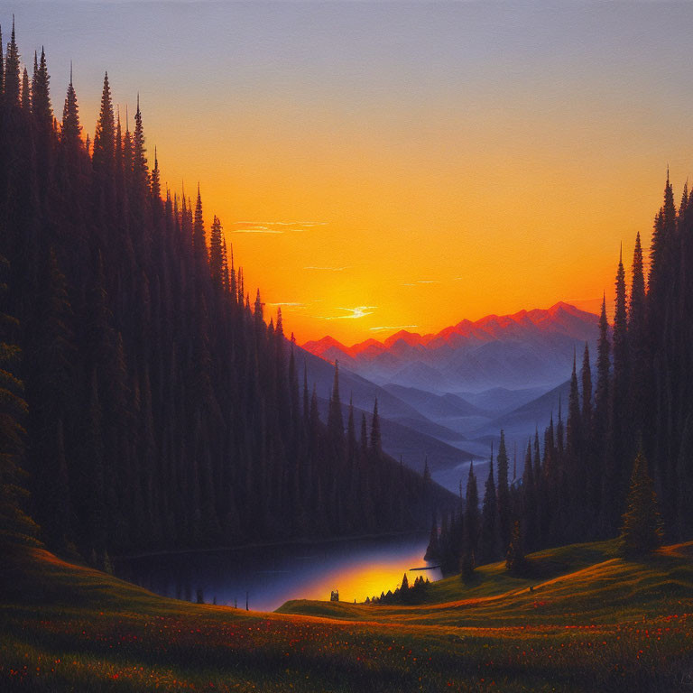 Scenic sunset over mountain landscape with orange sky