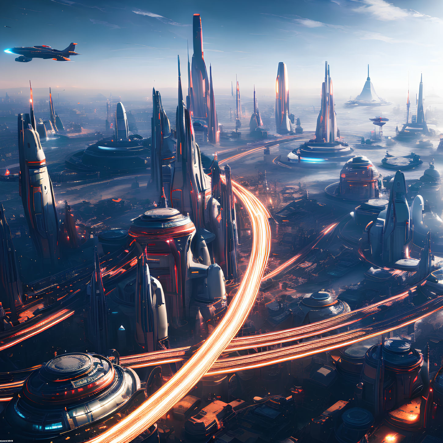 Futuristic cityscape with skyscrapers, highways, and flying vehicles at dusk