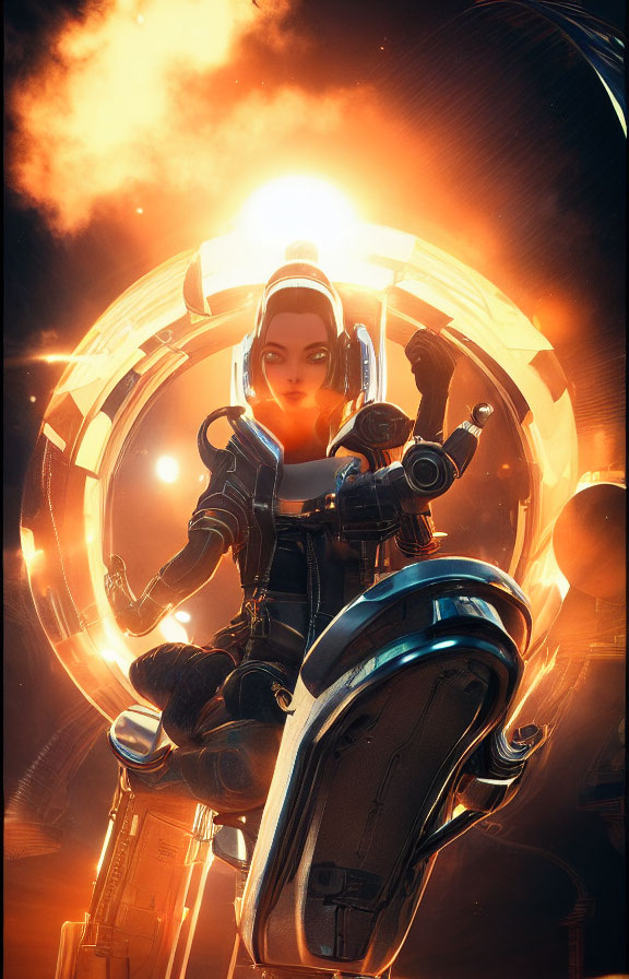 Female astronaut in futuristic space scene with circular structure and glowing sun.