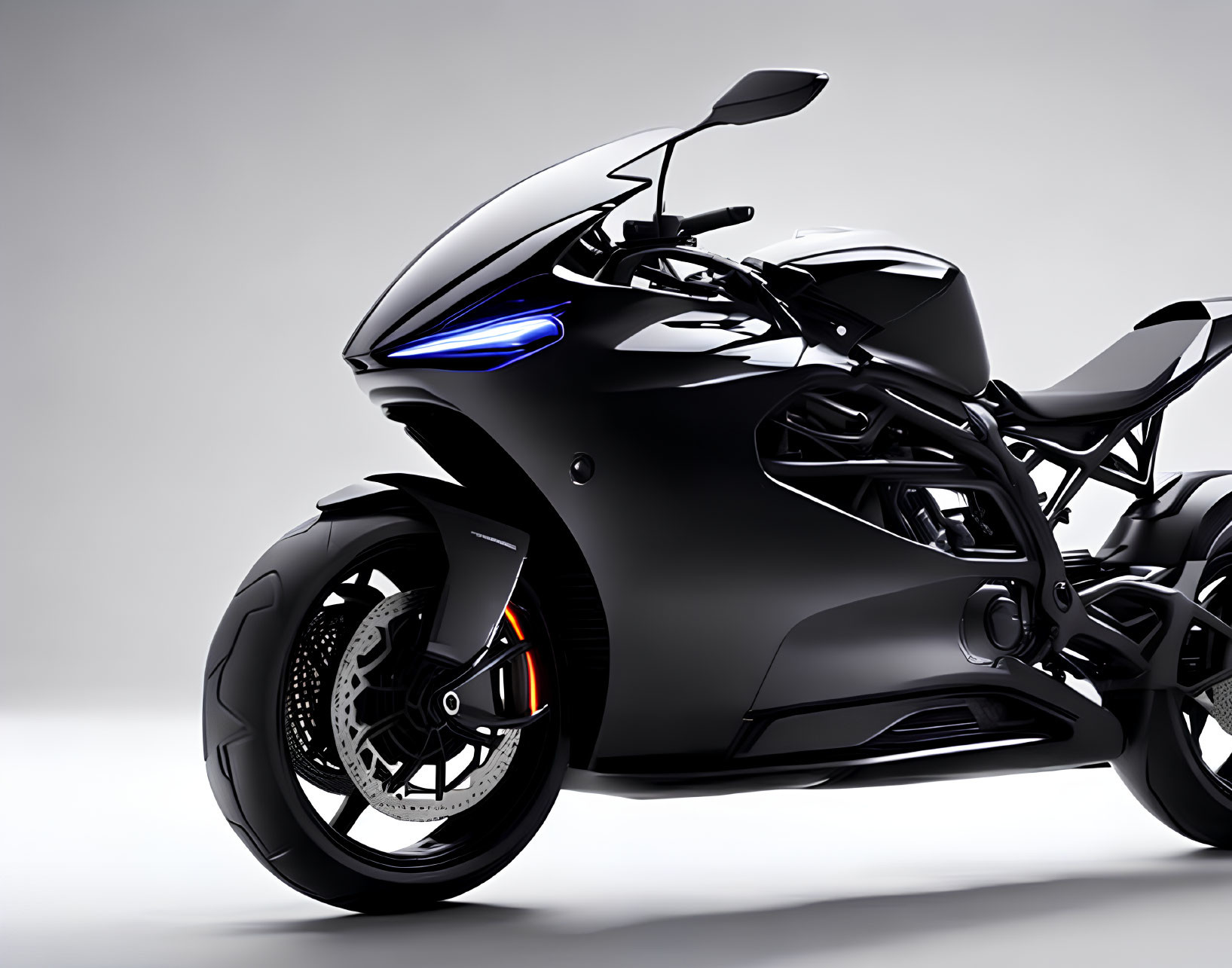 Black Motorcycle with Blue Accent Lighting and Futuristic Design