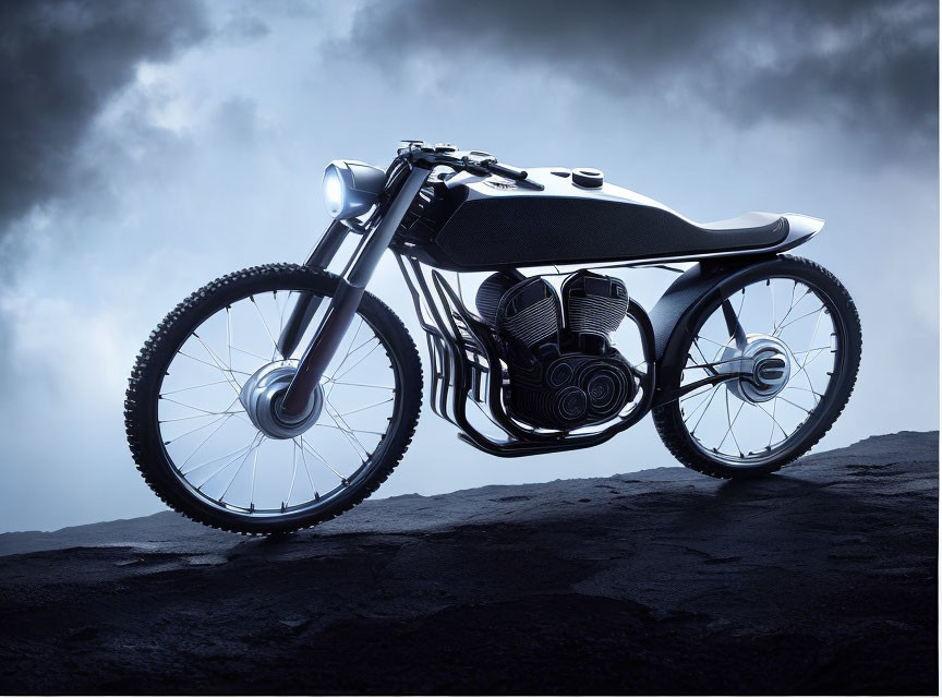 Modern black and silver motorcycle on rocky terrain under cloudy sky