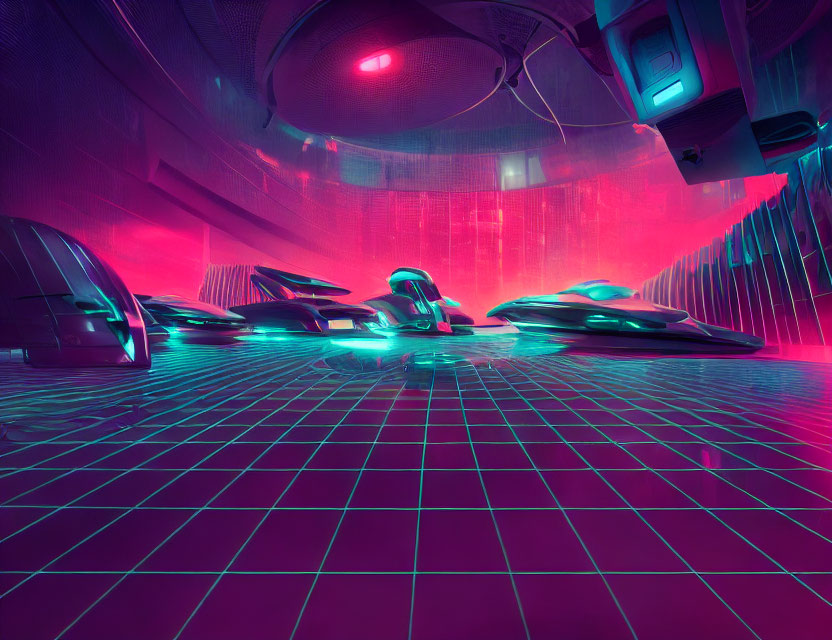 Neon-lit futuristic garage with hovercars on grid floor