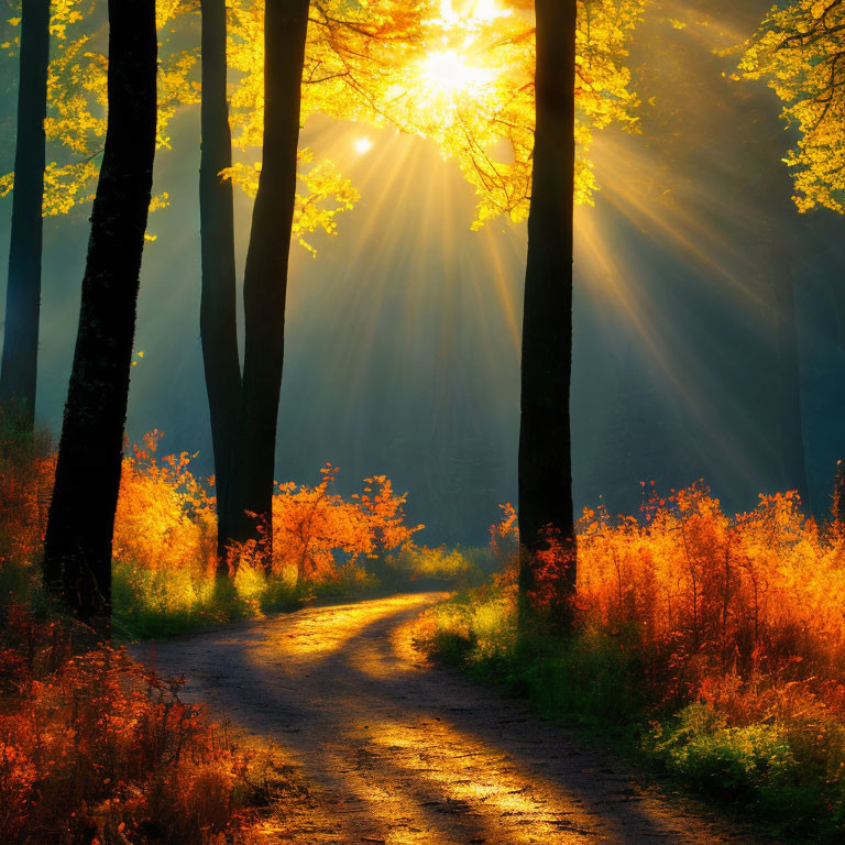 Forest Path with Autumn Foliage and Sunbeams