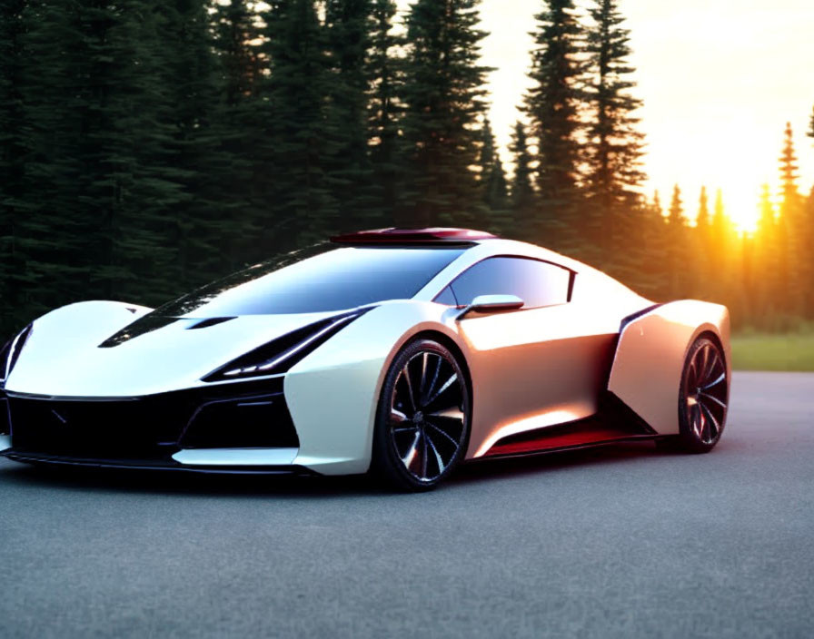 White Sports Car with Black Accents Parked at Sunset Road