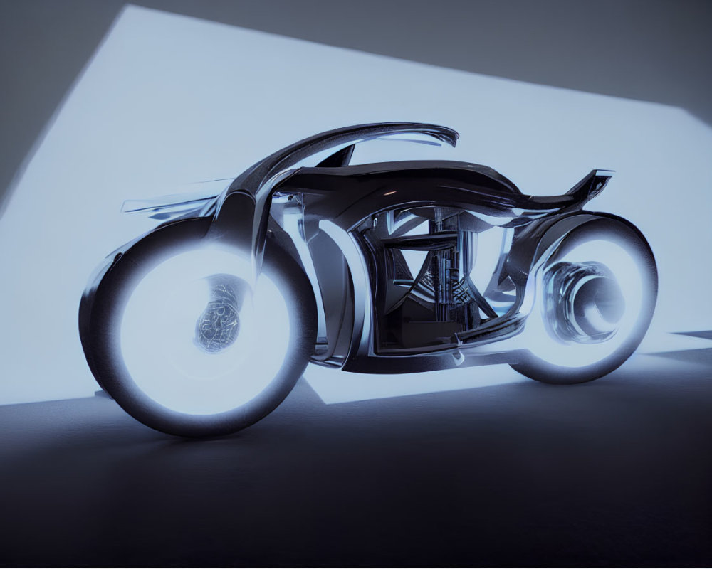 Sleek Black Futuristic Motorcycle with Illuminated Wheels in Dimly Lit Setting