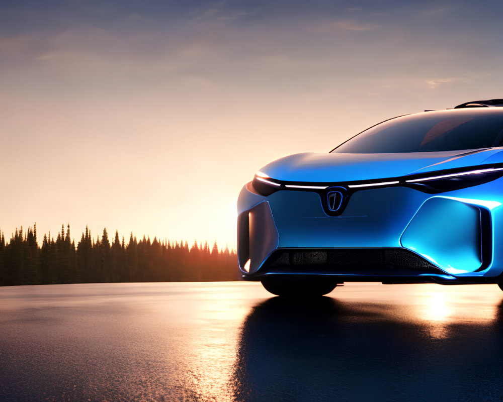 Sleek Electric Car with Blue Accent Lighting at Sunset