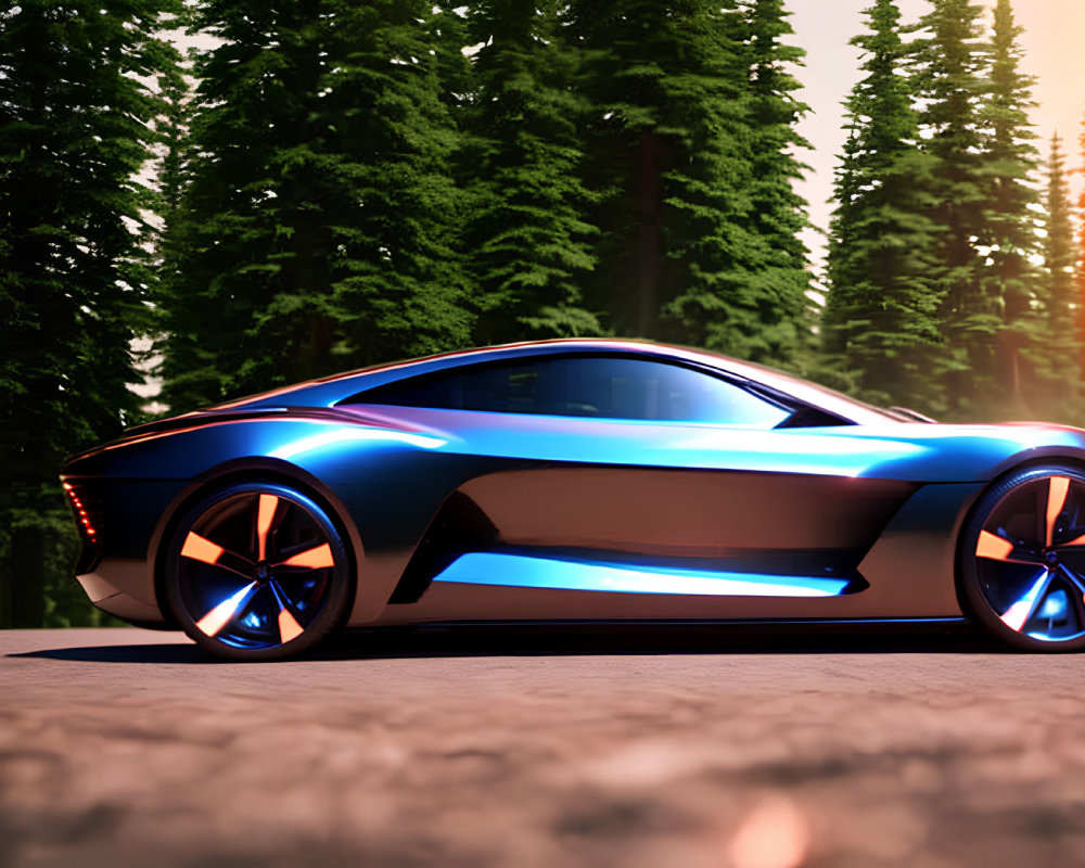 Futuristic blue sports car in forest setting with tall pine trees