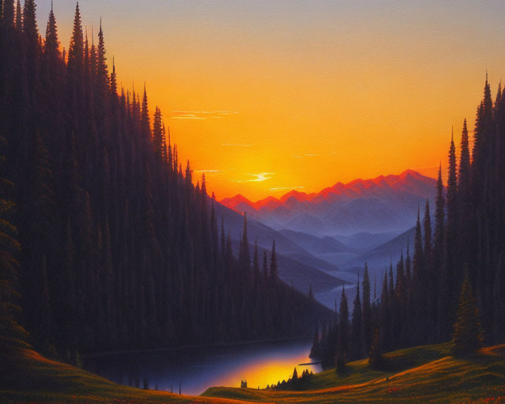 Scenic sunset over mountain landscape with orange sky