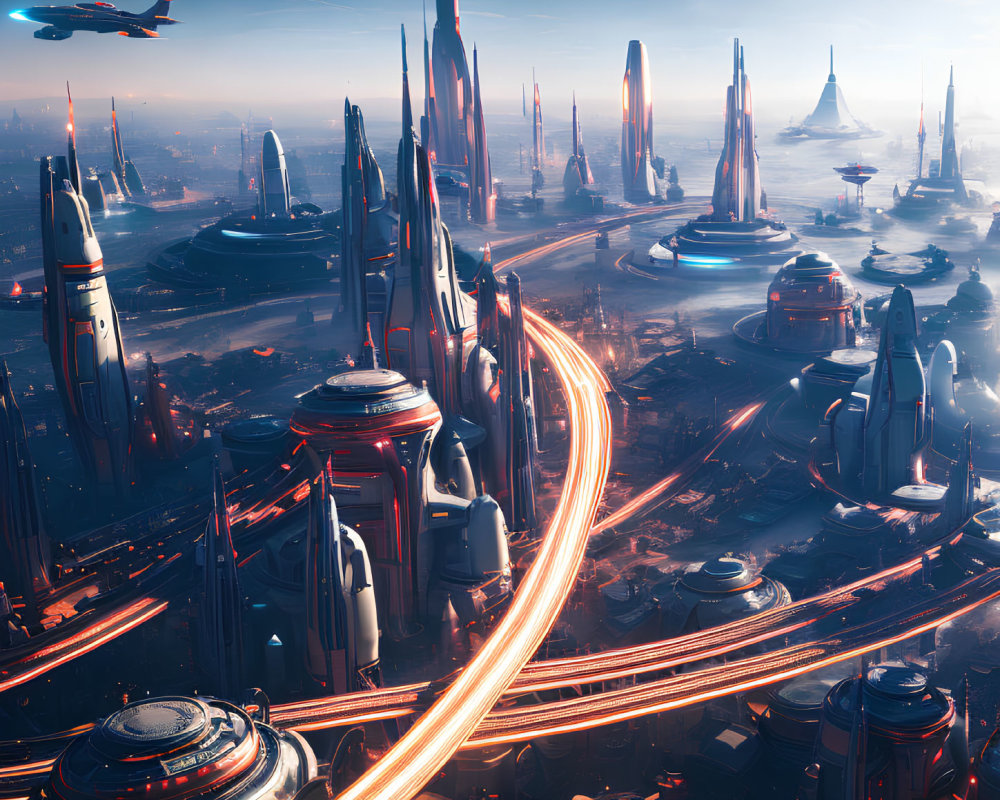 Futuristic cityscape with skyscrapers, highways, and flying vehicles at dusk