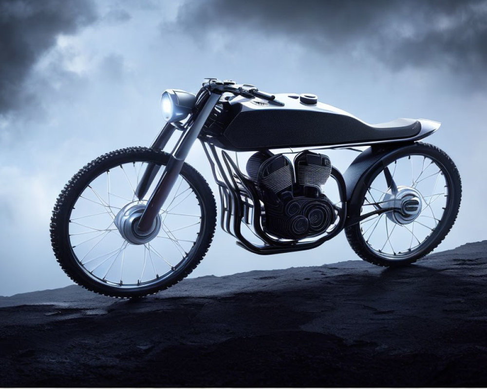 Modern black and silver motorcycle on rocky terrain under cloudy sky