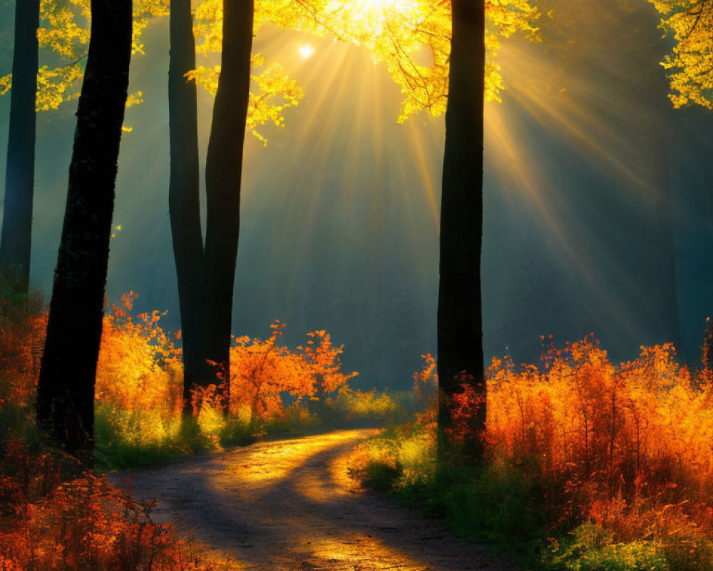 Forest Path with Autumn Foliage and Sunbeams