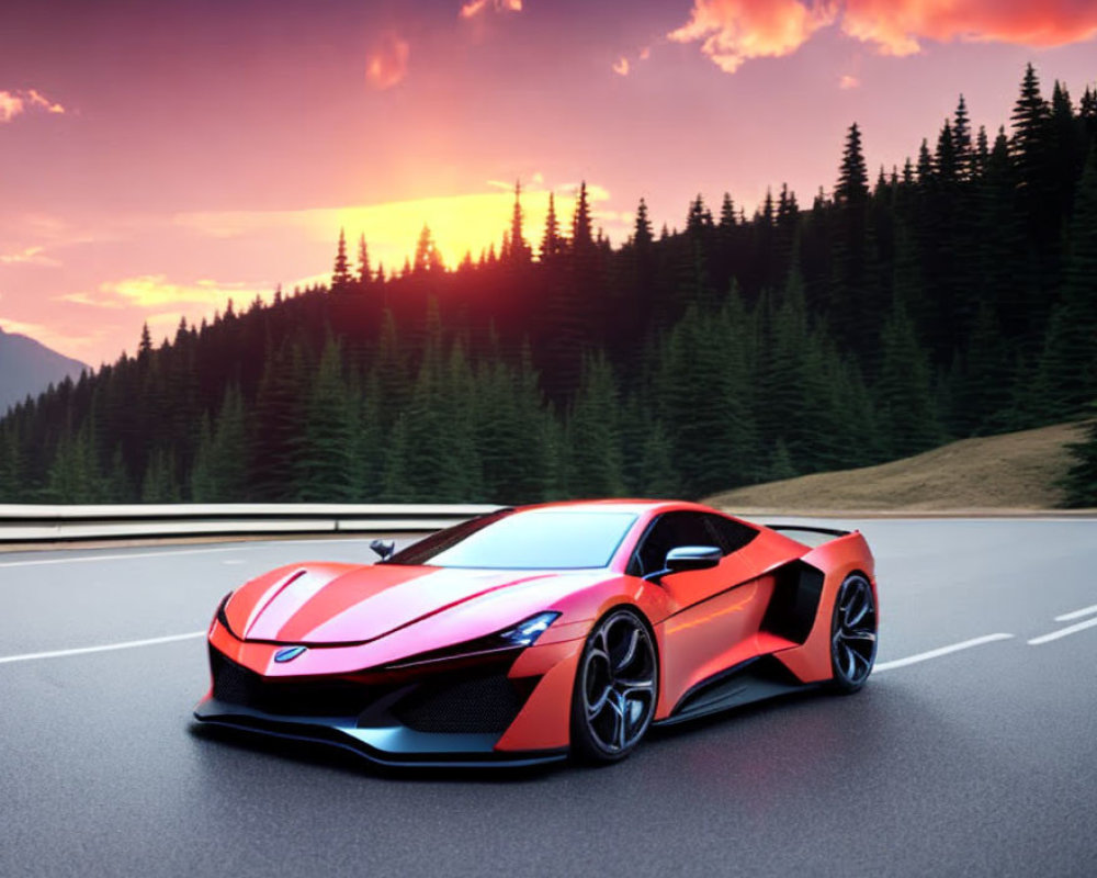 Red and Black Sports Car on Mountain Road at Sunset with Pine Trees