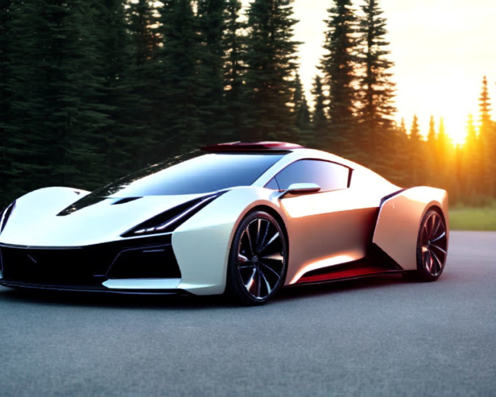 White Sports Car with Black Accents Parked at Sunset Road