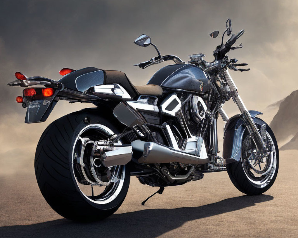 Modern metallic motorcycle with chrome accents on sandy terrain under cloudy sky