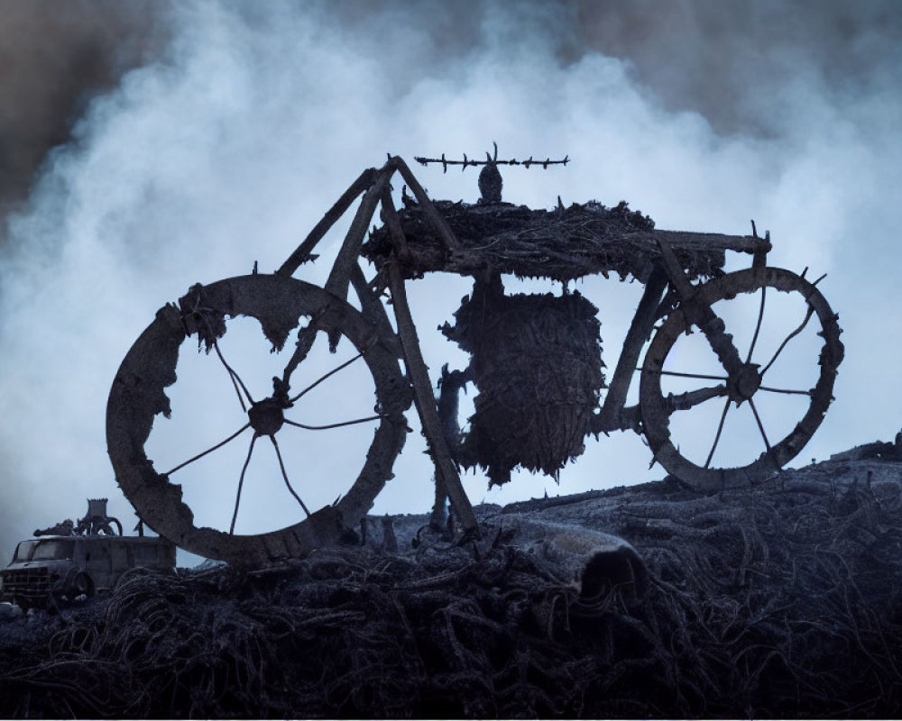 Whimsical oversized bicycle sculpture with branches in dreamlike setting