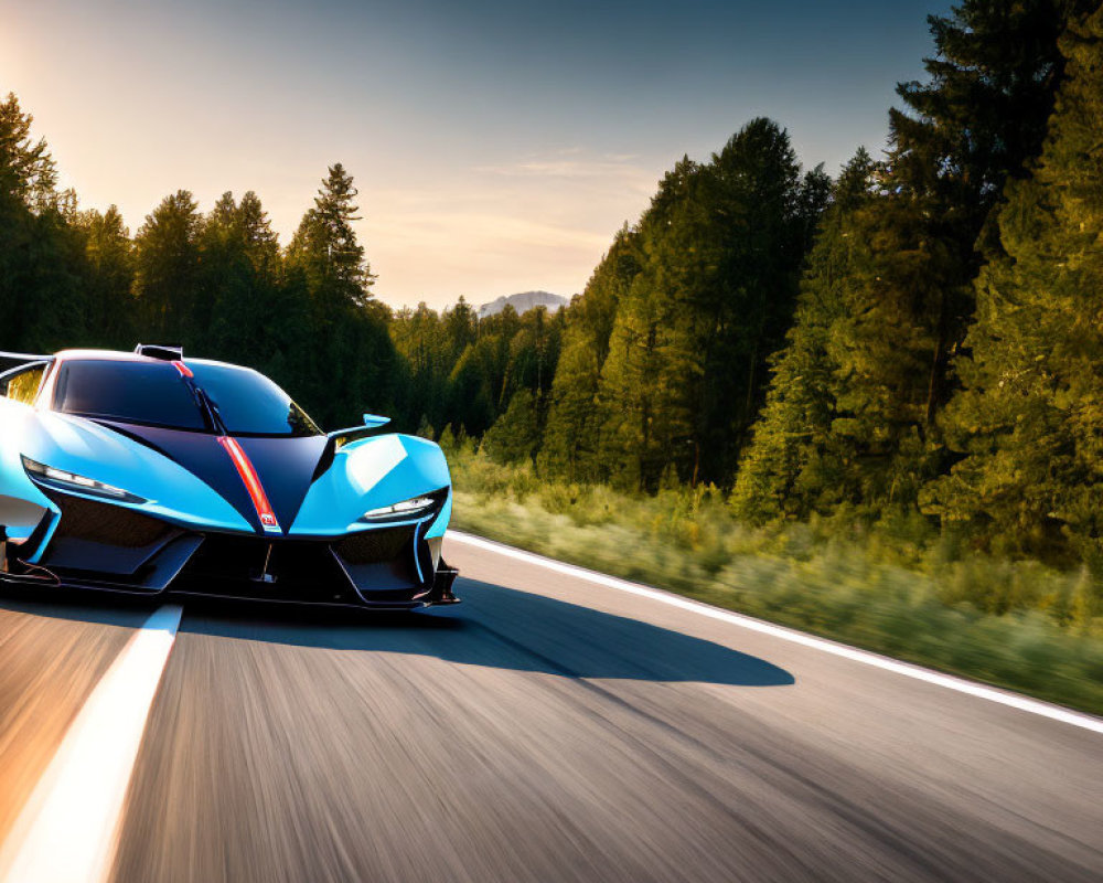 Blue sports car with red accents racing through forested road at sunset