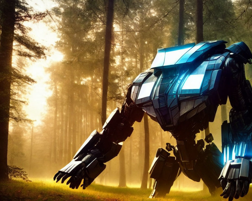 Blue futuristic mech robot in sunlit forest with light beams