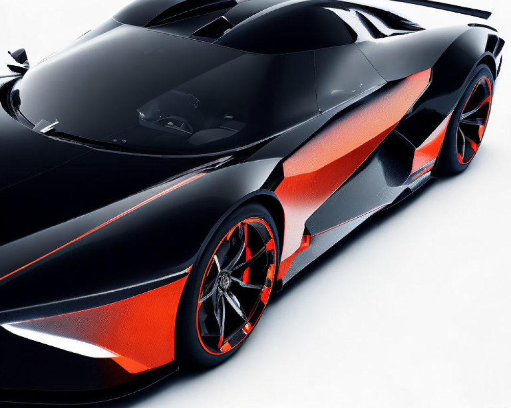 Black Sports Car with Orange Accents: Aerodynamic Design, Air Intakes, Low Profile, Alloy