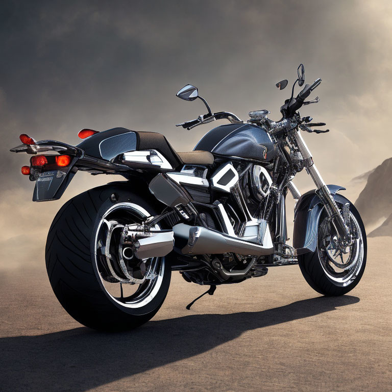 Modern metallic motorcycle with chrome accents on sandy terrain under cloudy sky