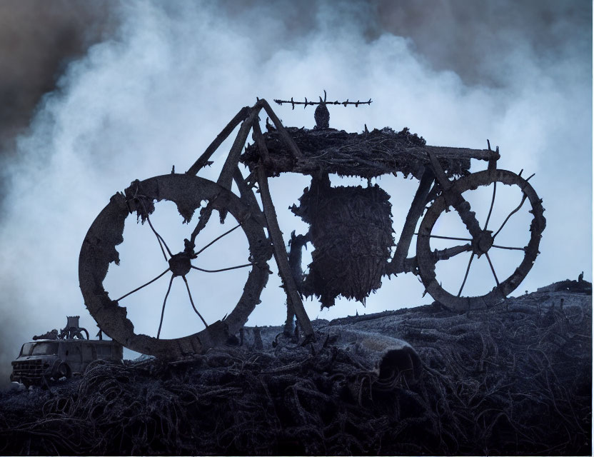 Whimsical oversized bicycle sculpture with branches in dreamlike setting