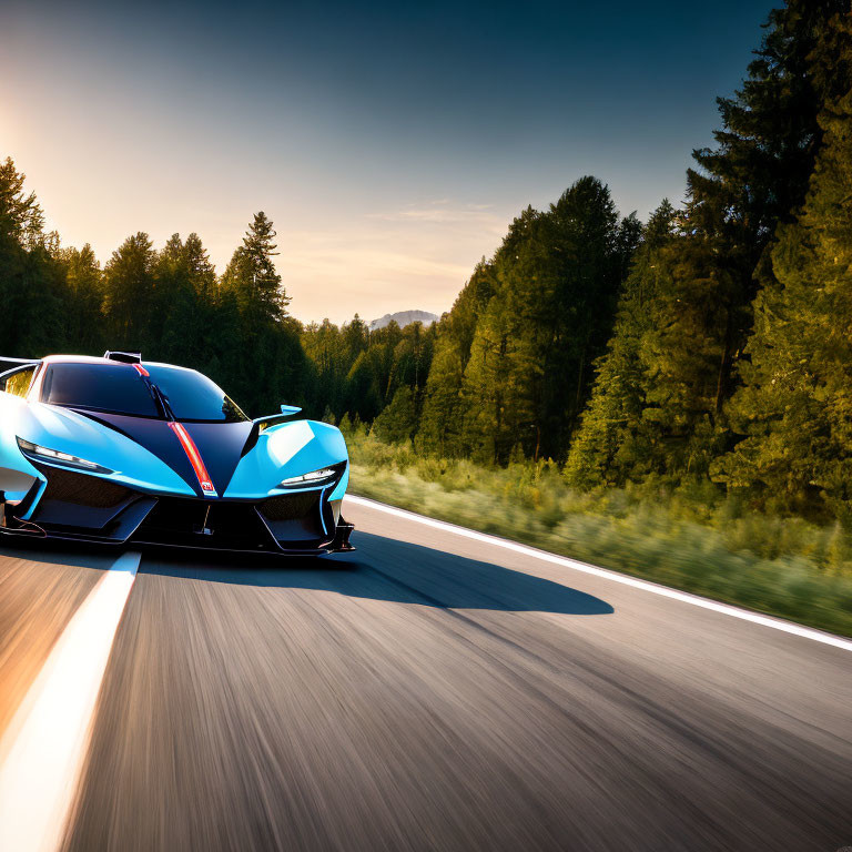 Blue sports car with red accents racing through forested road at sunset