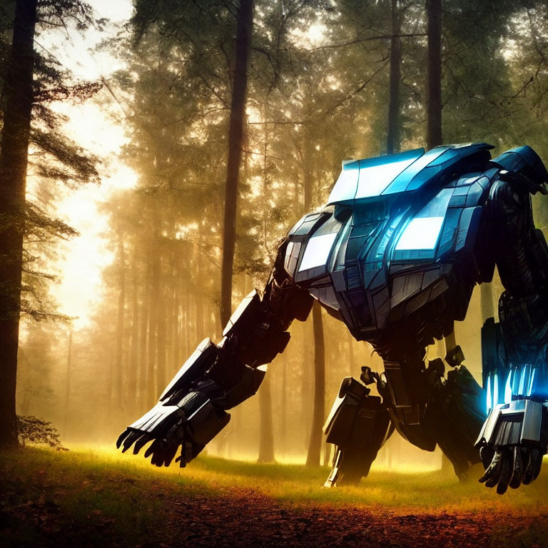 Blue futuristic mech robot in sunlit forest with light beams