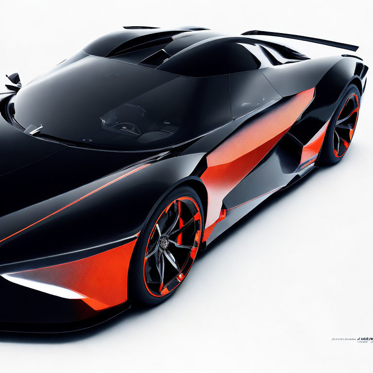 Black Sports Car with Orange Accents: Aerodynamic Design, Air Intakes, Low Profile, Alloy