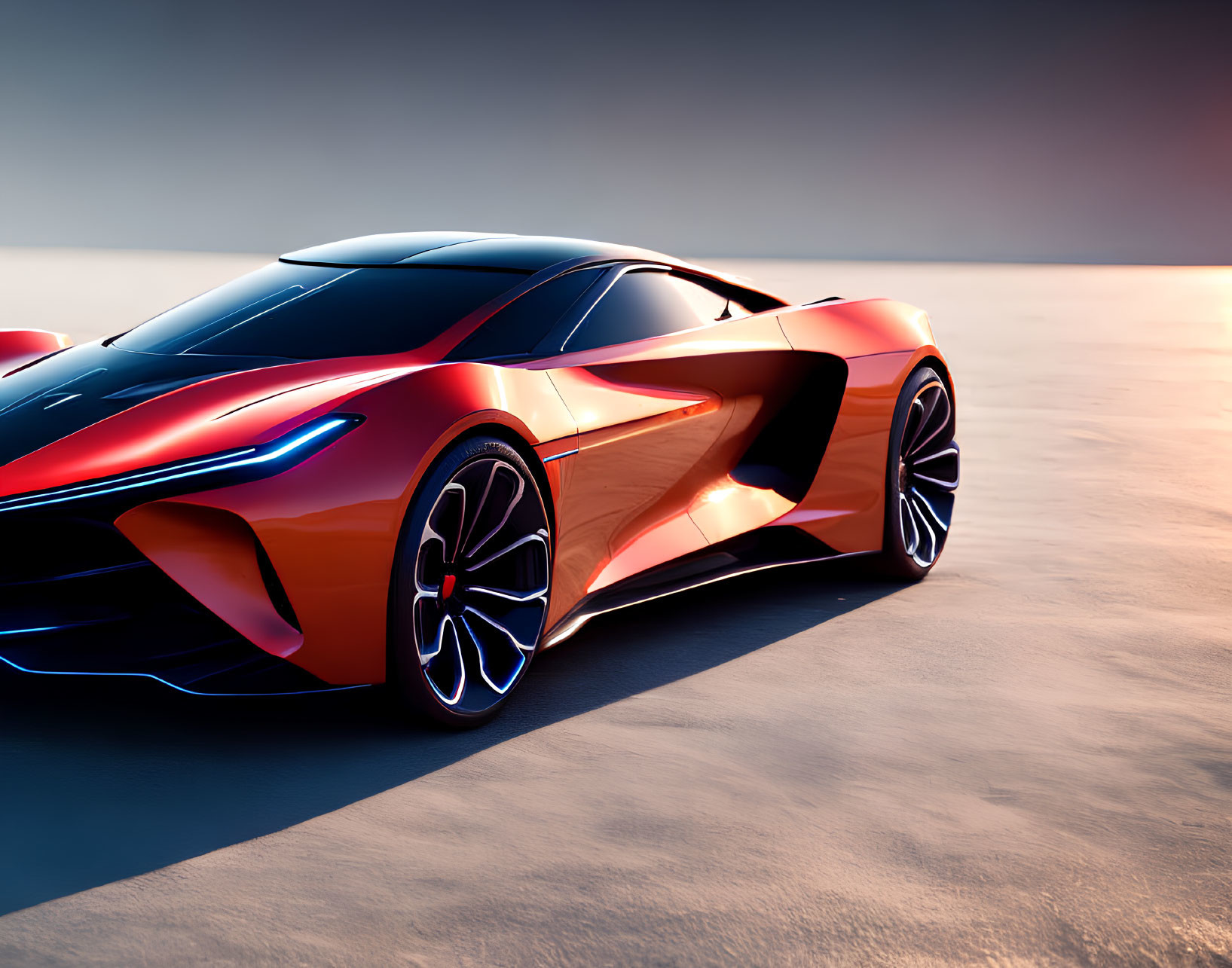 Modern red sports car parked on sandy surface at sunset