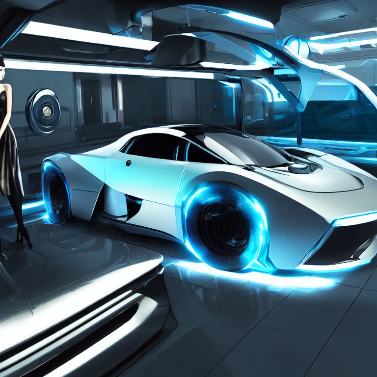 Futuristic white and blue sports car with illuminated wheels in high-tech garage