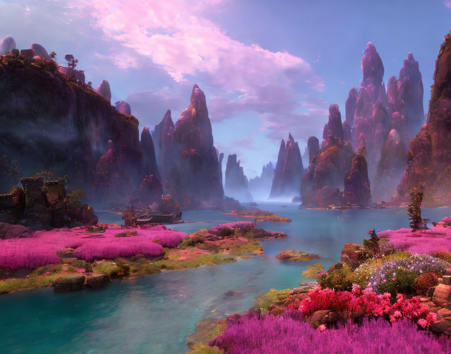 Tranquil fantasy landscape with towering rock formations and serene river