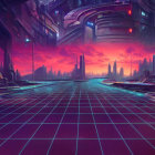 Futuristic night cityscape with neon lights and flying cars