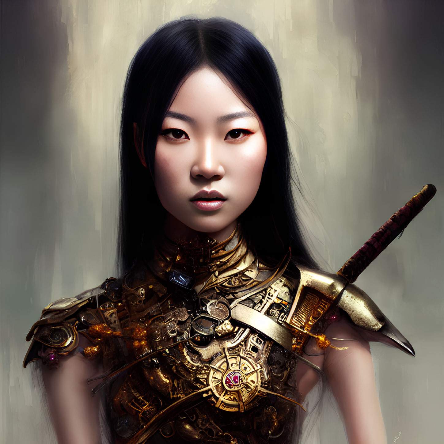 Digital portrait: Asian woman in golden armor with sword, misty background