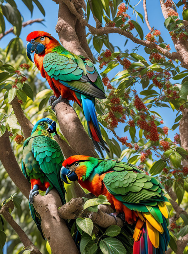 Colorful Macaws Perched on Tree Limb in Lush Environment