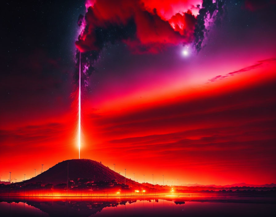 Vibrant red and purple sky with light beam over reflective water and hill