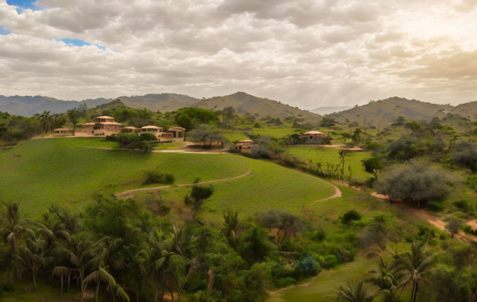 Serene landscape with greenery, hilltop buildings, dirt road, cloudy sky