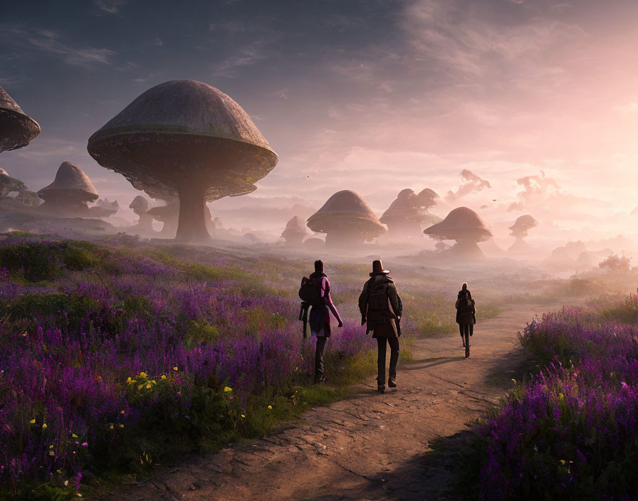 Mystical landscape with oversized mushrooms and purple flowers at sunrise