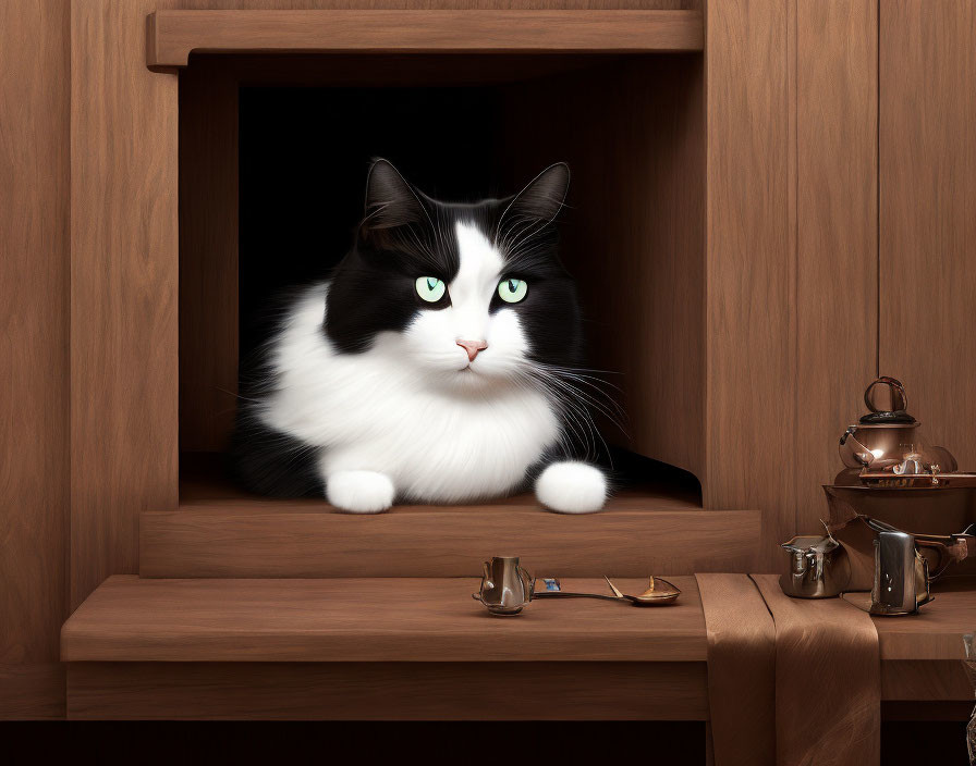 Black and White Cat with Green Eyes in Wooden Cabinet with Copper Kettles