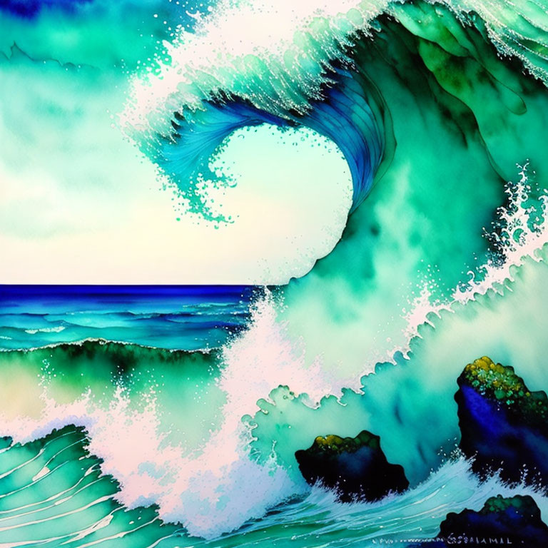 Turquoise Wave Watercolor Painting with Blue Ocean View