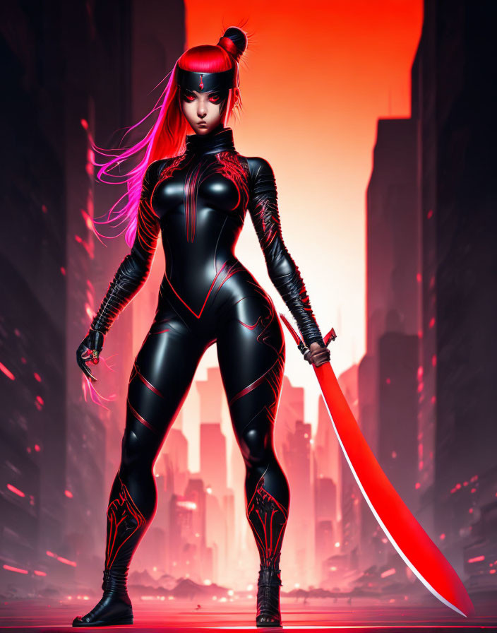 Futuristic female warrior with purple hair and glowing red sword in red cityscape