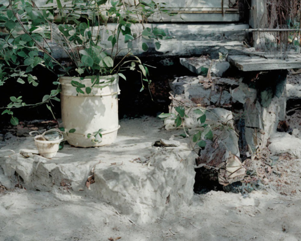 Weathered bench and potted plant in ceramic container on dry soil.