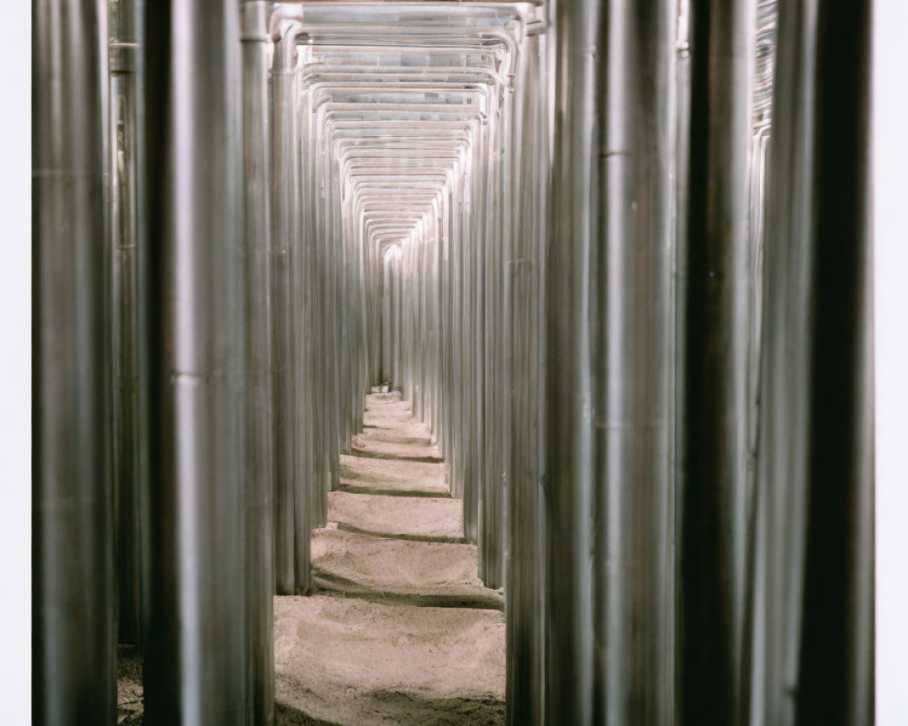 Perspective view of narrow passage with metallic columns and stepped floor