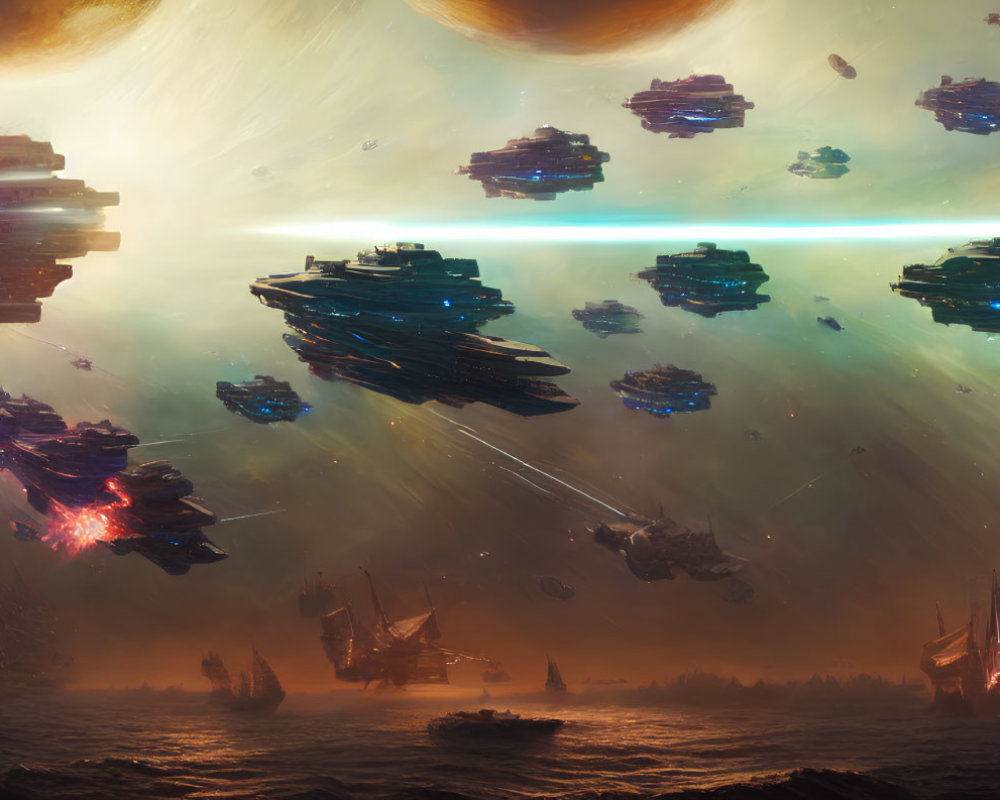 Intense sci-fi scene: epic space battle with laser-firing ships under bright sky