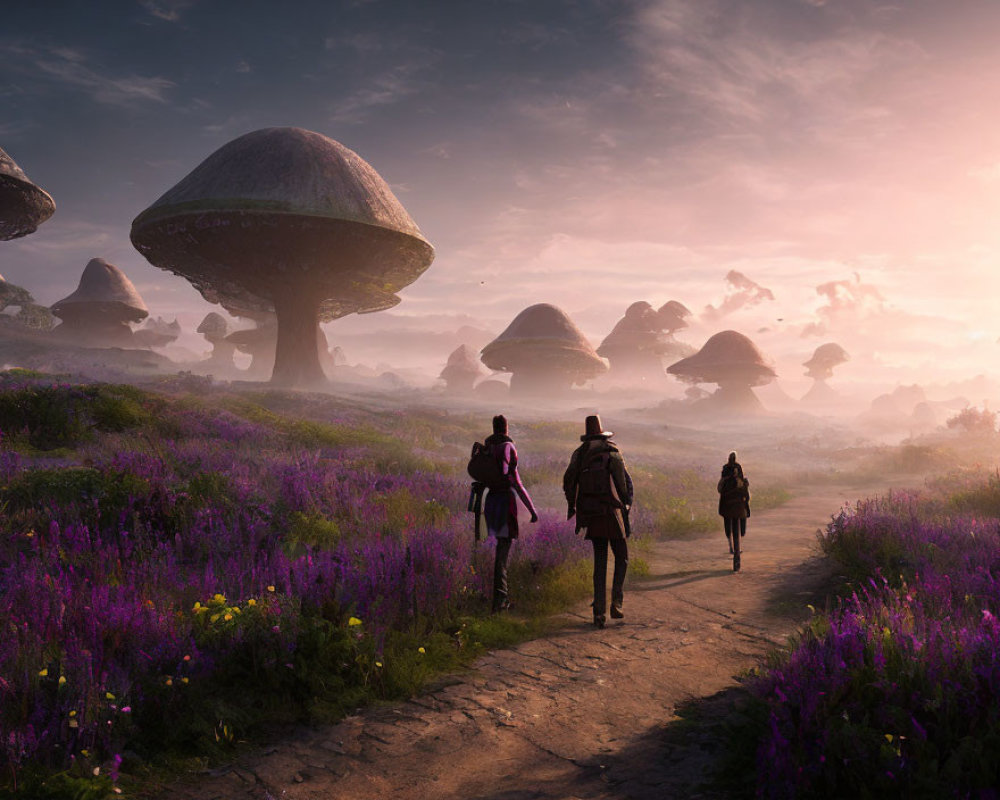 Mystical landscape with oversized mushrooms and purple flowers at sunrise