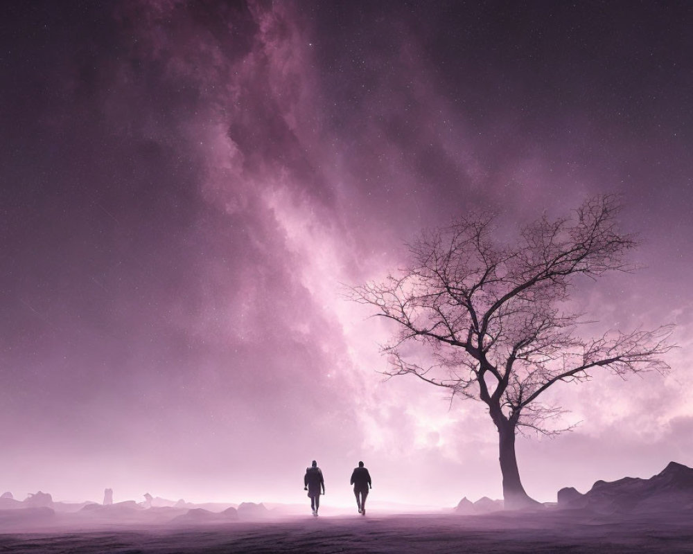 Silhouetted figures walking under vibrant purple night sky by leafless tree