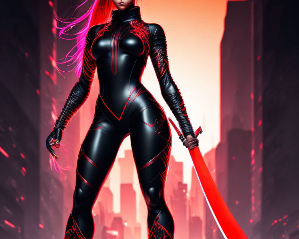 Futuristic female warrior with purple hair and glowing red sword in red cityscape