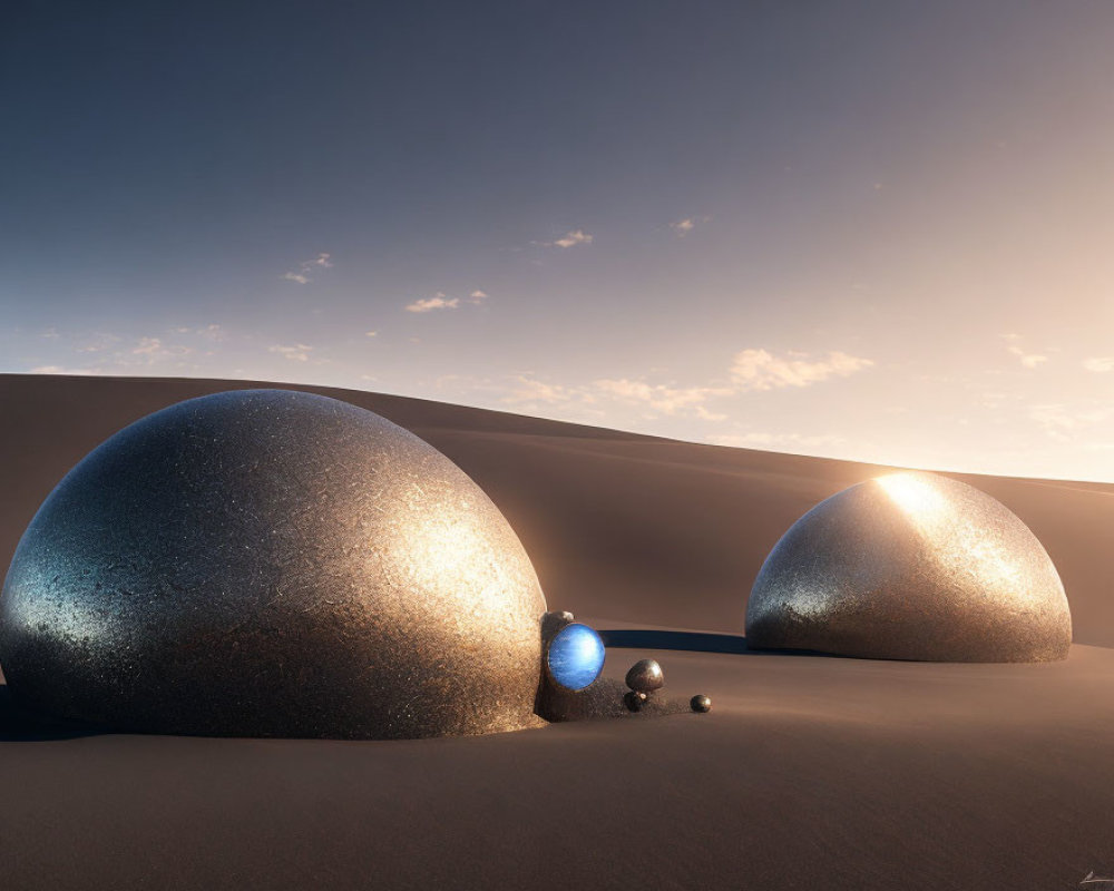 Metallic spheres on sand dunes under clear sky with smaller spheres scattered around