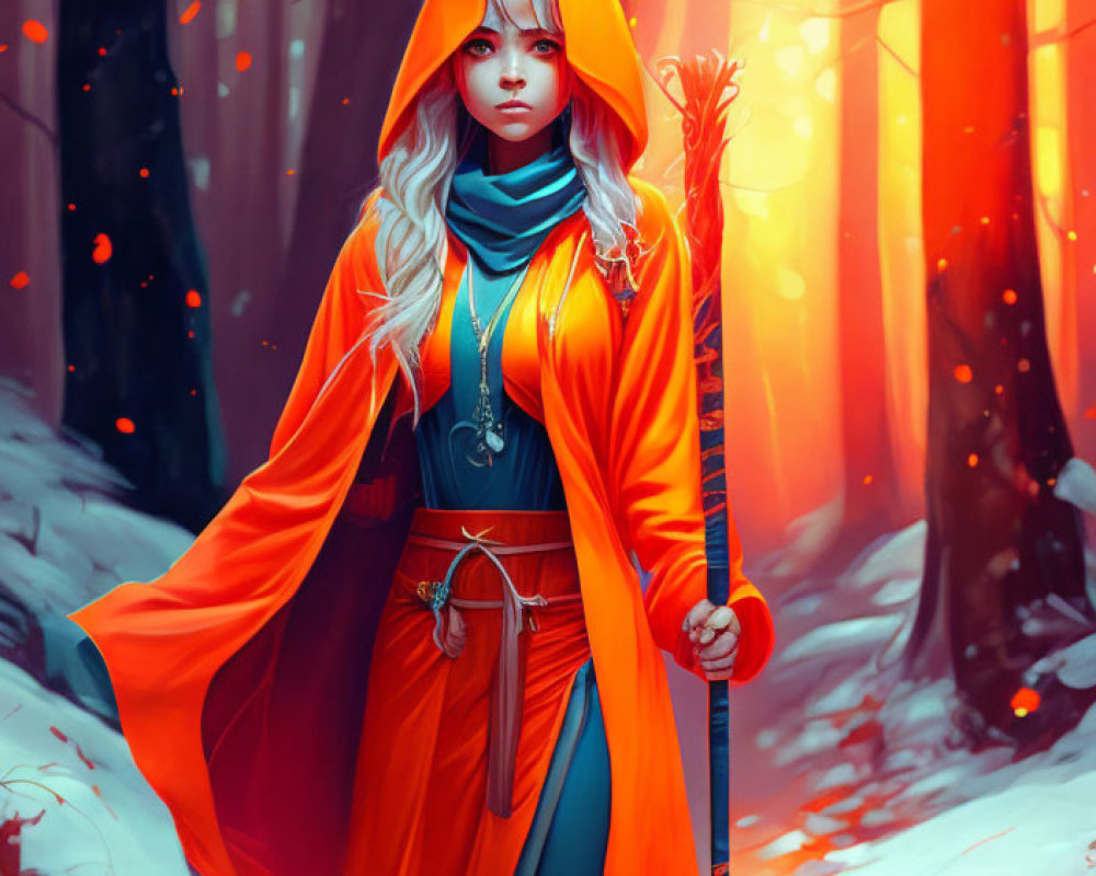 Mystical woman in orange cloak with staff in snowy forest surrounded by warm light and embers