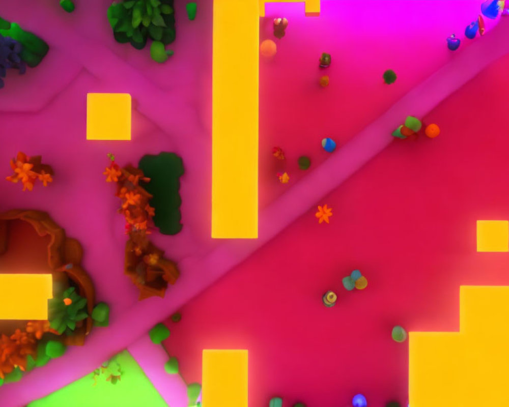 Colorful 3D render of a maze with pink pathways, yellow walls, trees, and spherical