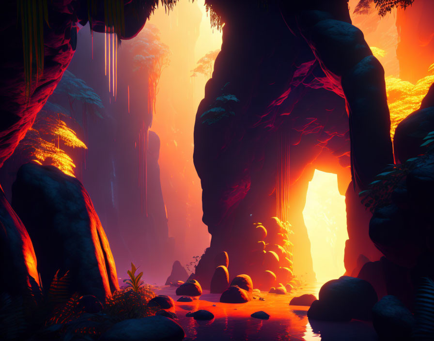 Vibrant Orange and Purple Cave with Glowing Light Sources